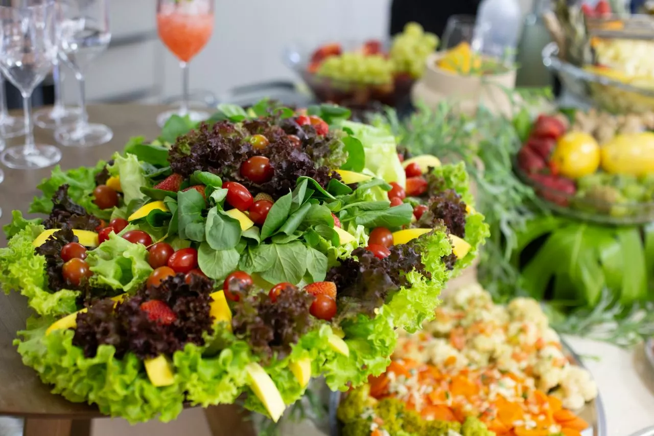 Fresh salad centrepiece and colourful catering platters